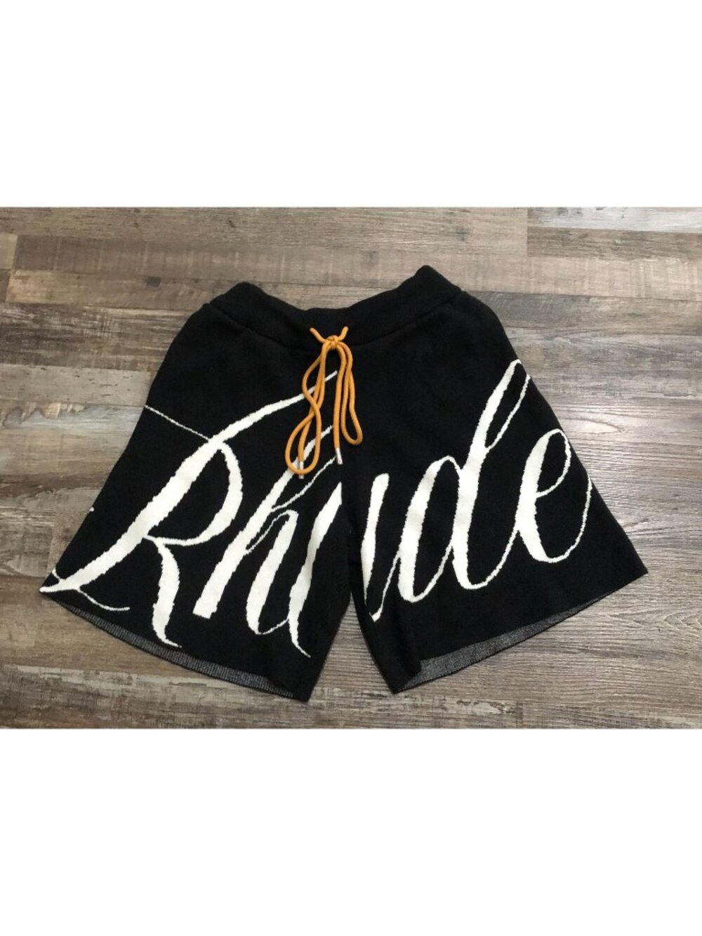 Rhude Black Shorts with White Script and Orange Drawstring